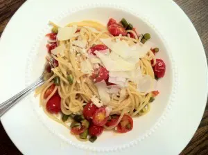 Linguine with garlic scapes, tomatoes and cheese