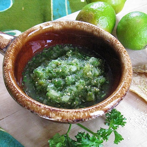 Tomatillo Salsa Verde with Lime Salt Tortilla Chips