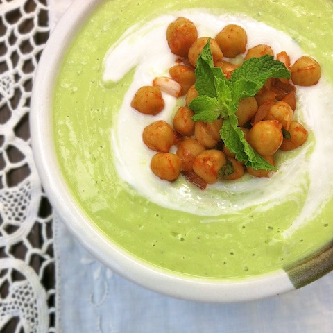 Cucumber Avocado Soup with Moroccan Chickpeas