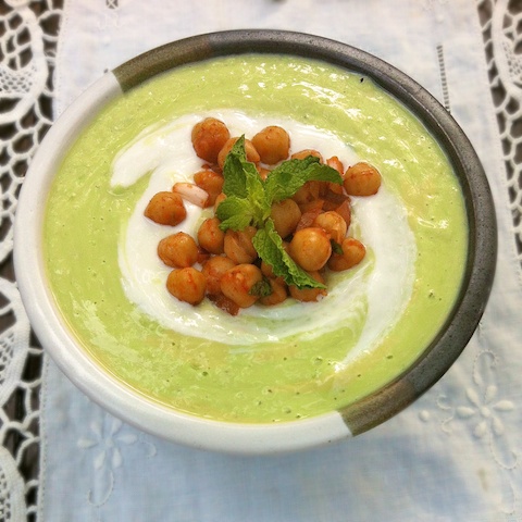 Cucumber Avocado Soup with Moroccan Chickpeas