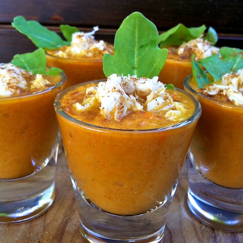 Roasted Carrot Crab Bisque Shooters