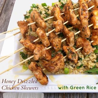 Honey Drizzled Chicken Skewers with Green Rice | Teaspoonofspice.com