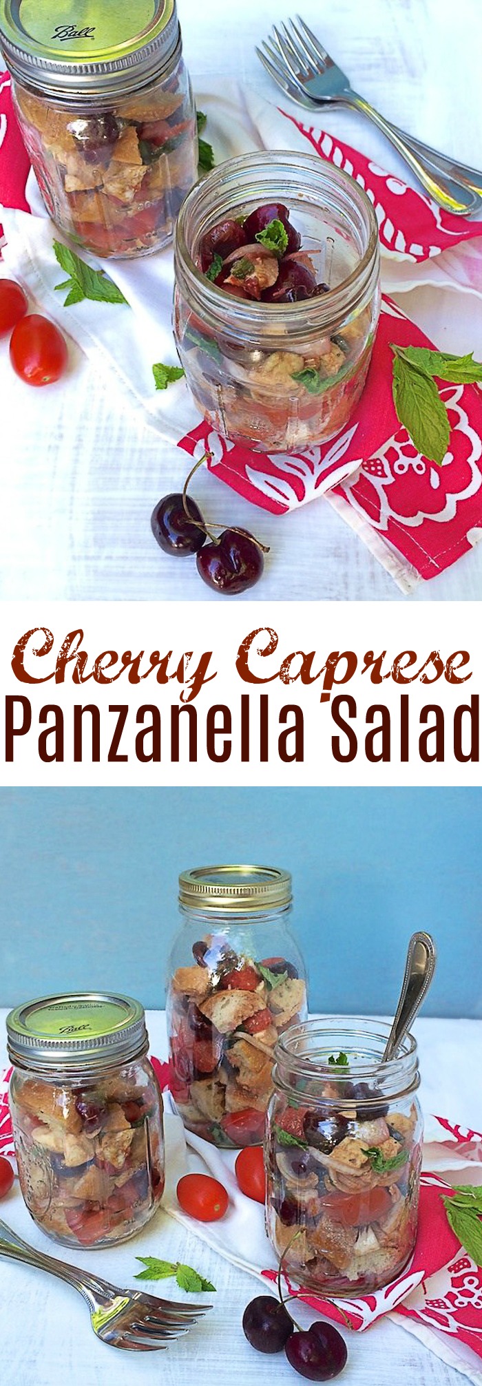 A portable summer salad perfect for the beach or a picnic featuring cherries, tomatoes, basil, mint, fresh mozzarella and bread - recipe for Cherry Caprese Panzanella at Teaspoonofspice.com