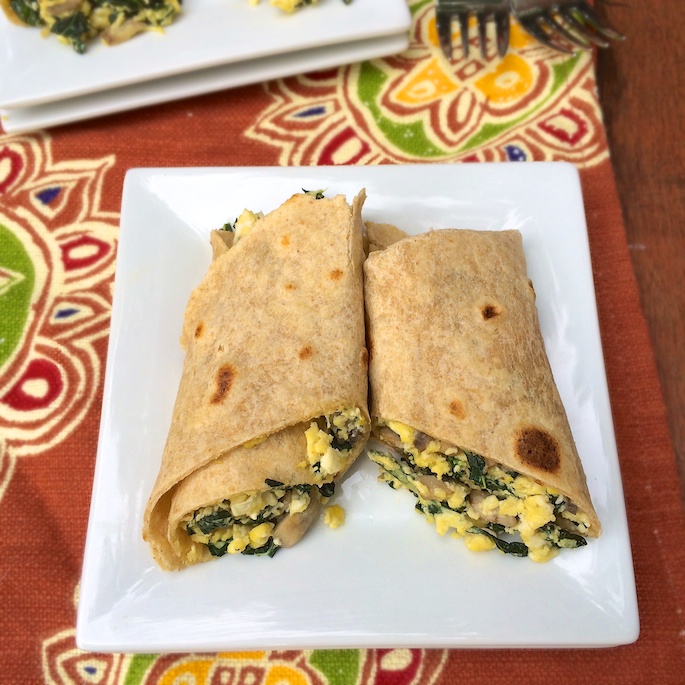 A tasty breakfast option: egg mushroom kale breakfast burrito