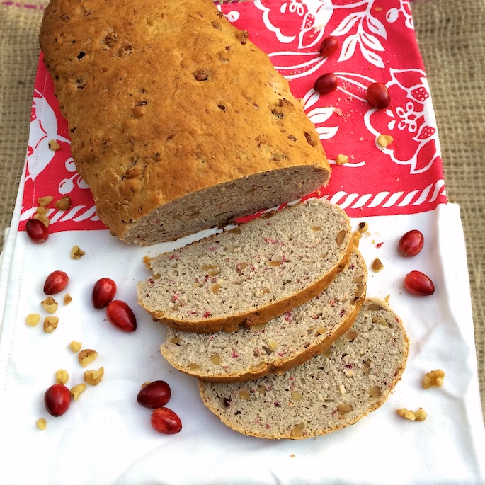 Homemade bread studded with cranberries and walnuts - perfect for the holidays.