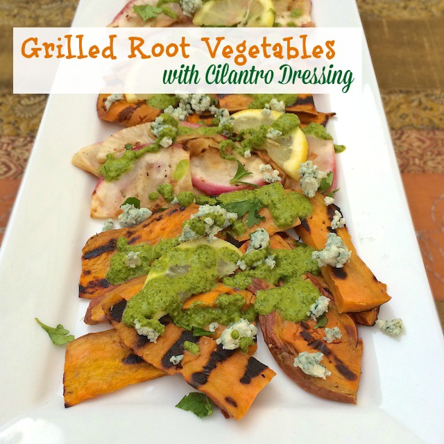 Winter veggies done right! Grill thinly sliced root vegetables, like beets, turnips and sweet potatoes and drizzle with a cilantro dressing. | Teaspoonofspice.com