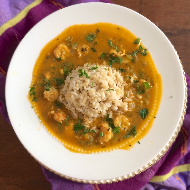 Celebrate Mardi Gras and New Orleans cuisine with this healthier version of étouffée featuring shrimp, langostino and brown rice.