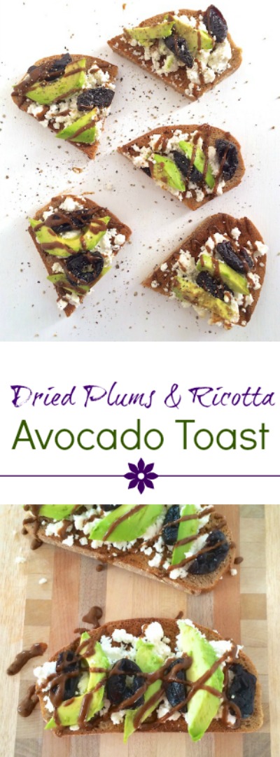Upgrade your avocado toast with ricotta cheese, black pepper and a dried plum vinaigrette drizzle. teaspoonofspice.com @tspbasil