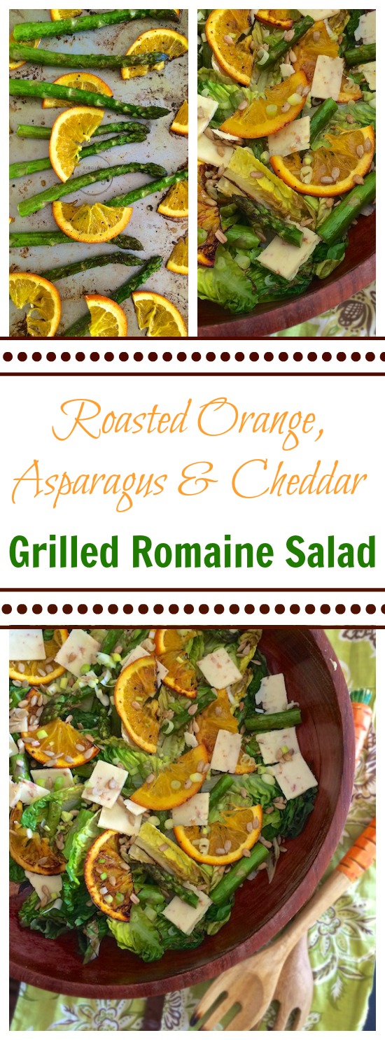 This 'transition to spring' salad includes roasted orange slices and roasted asparagus tossed with cheddar, sesame seeds and grilled romaine lettuce. Teaspoonofspice.com @tspbasil