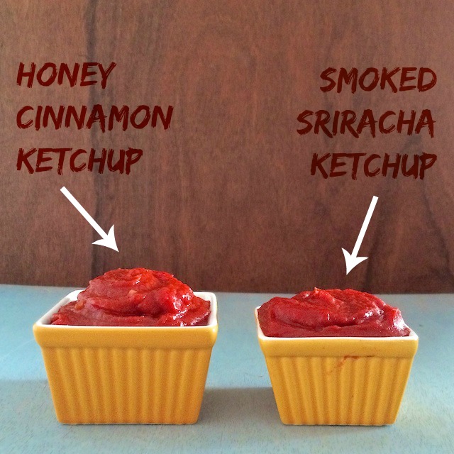 Two flavors of homemade ketchup - made in minutes with pantry staples! Honey Cinnamon Ketchup and Smoked Sriracha Ketchup. Recipes at<a href=