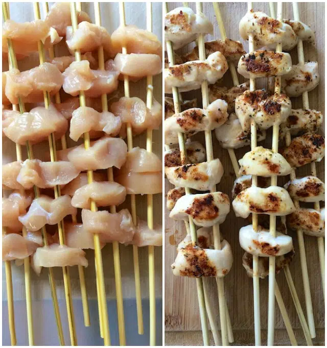 Healthy Kitchen Hacks: Use two skewers to evenly grill food like chicken, pepper strips and onion wedges. | Teaspoonofspice.com @tspbasil