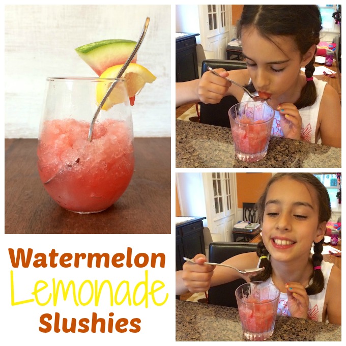 Take your summer watermelon to a new refreshing level with these watermelon lemonade frozen treats. Recipe for Watermelon Lemonade Slushies at Teaspoonofspice.com #lemonade #watermelon #summerdrinks #beverages #slushies #summerdesserts