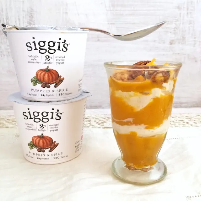A unique Thanksgiving appetizer: Savory yogurt parfaits layered with cheesy pumpkin and siggi's Pumpkin & Spice skyr. @tspbasil