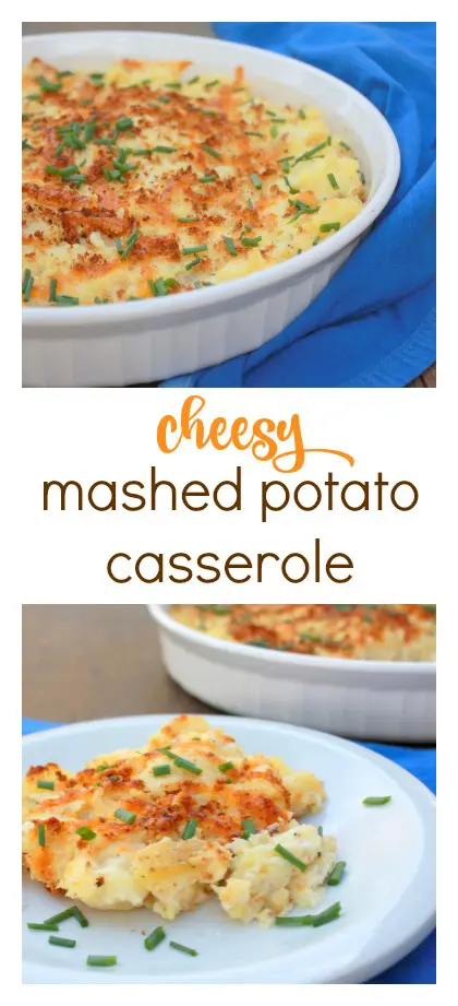 Healthy, but still buttery and covered in cheese! Cheesy Mashed Potato Casserole | @TspCurry