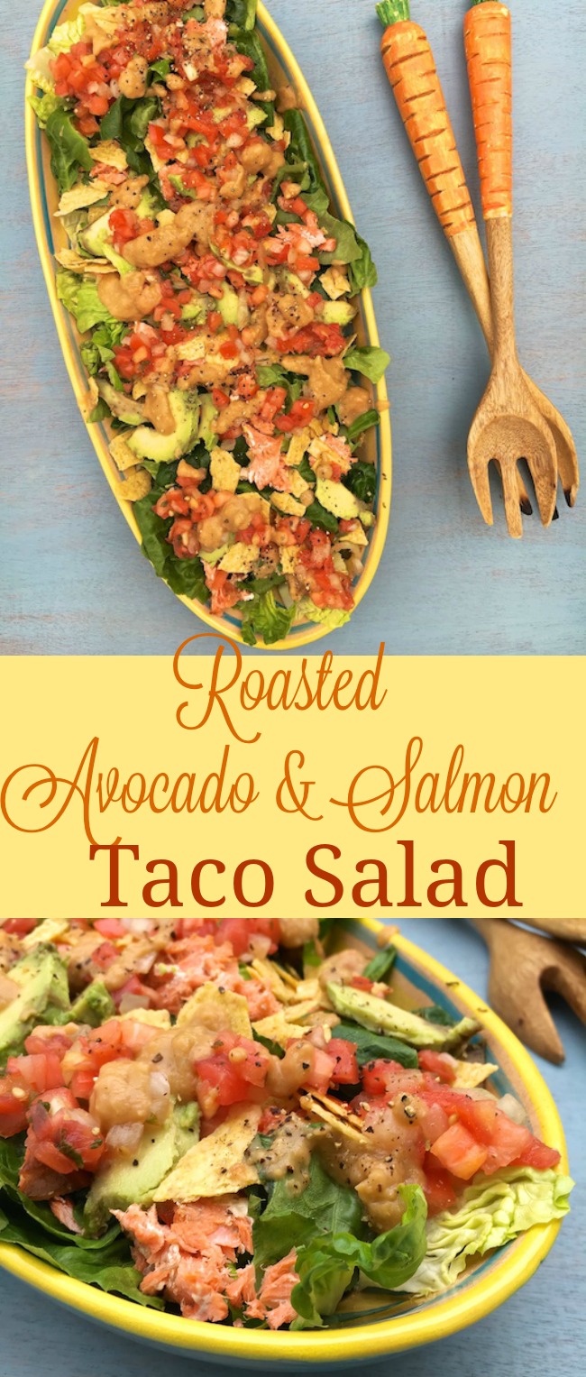 Roast salmon and avocados together to make a delicious, healthy Tex-Mex salad for lunch or dinner. @tspbasil