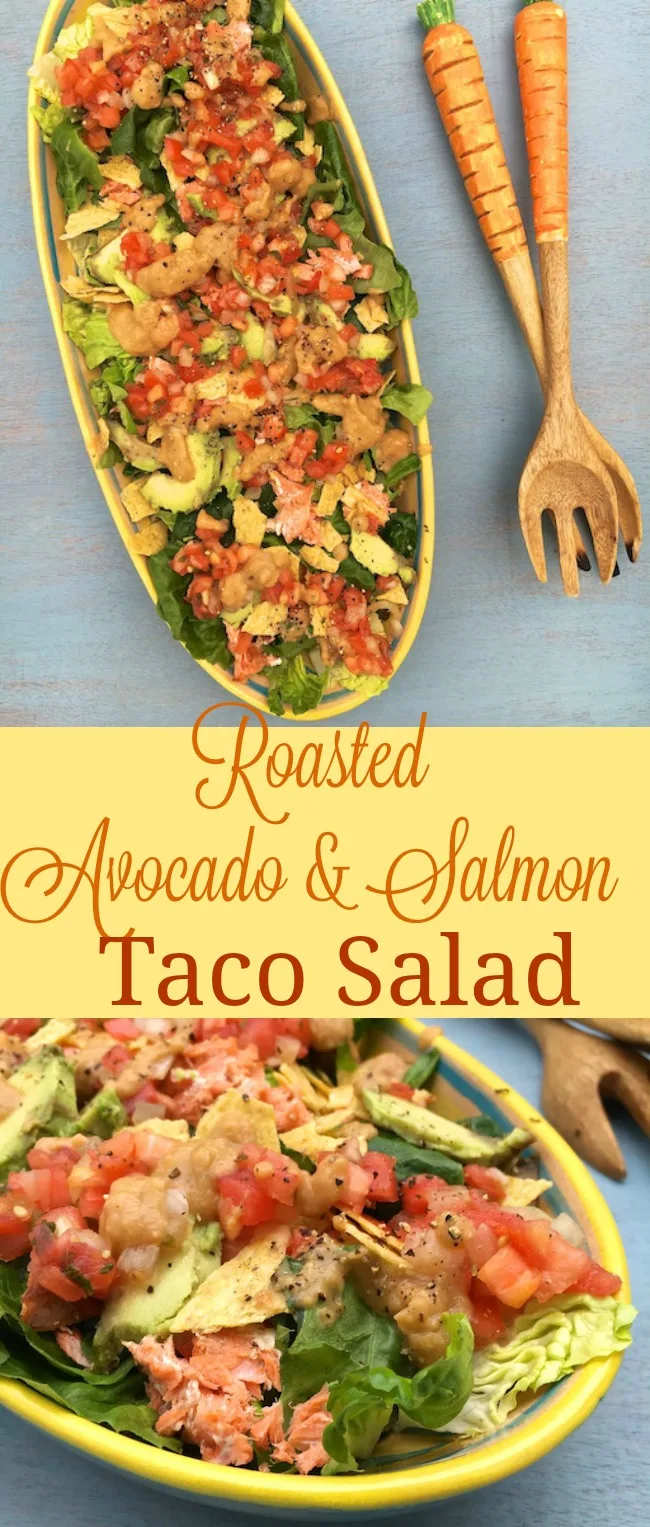 Roast salmon and avocados together to make a delicious, healthy Tex-Mex salad for lunch or dinner. @tspbasil