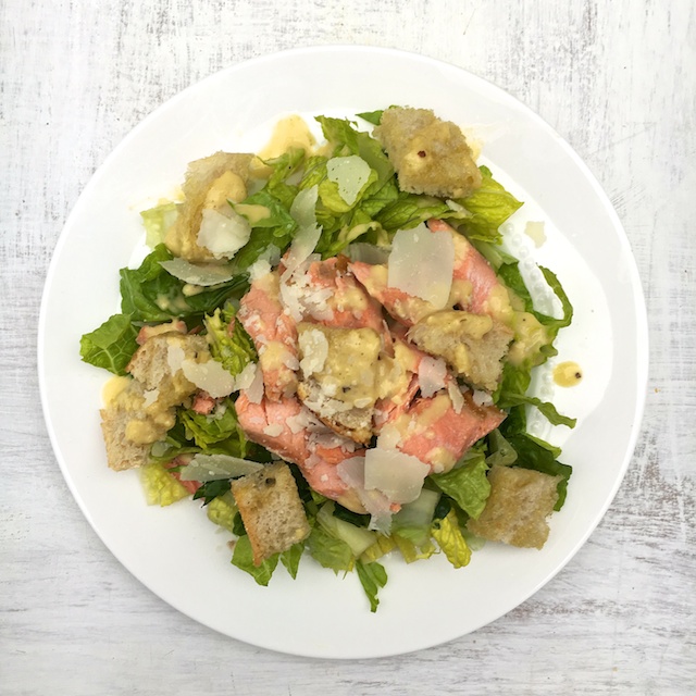 Salmon Caesar Salad with anchovy-free dressing @tspbasil