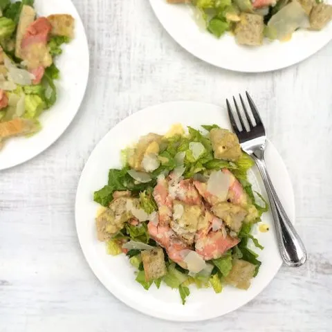 Salmon Caesar Salad (with Anchovy-Free Caesar Dressing)