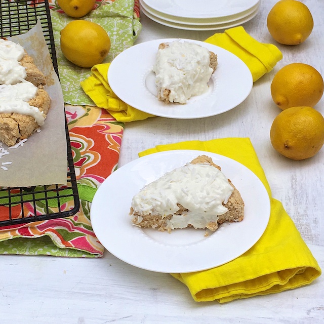 Gluten-free lemon coconut scones for spring celebrations – made with coconut and oat flours. @tspbasil