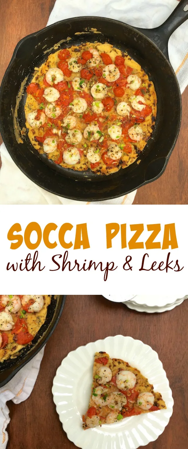 Made with chickpea flour, socca is a delicious gluten-free pizza crust option. Topped with shrimp and leeks! @tspbasil