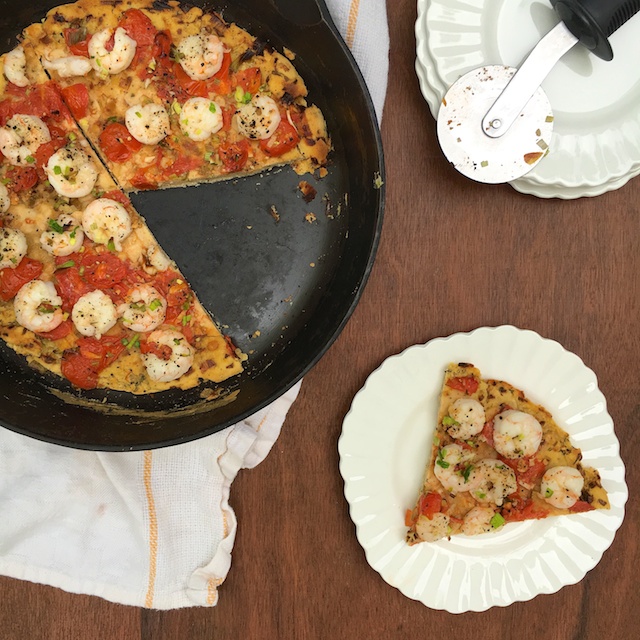 Socca Pizza with Shrimp and Leeks