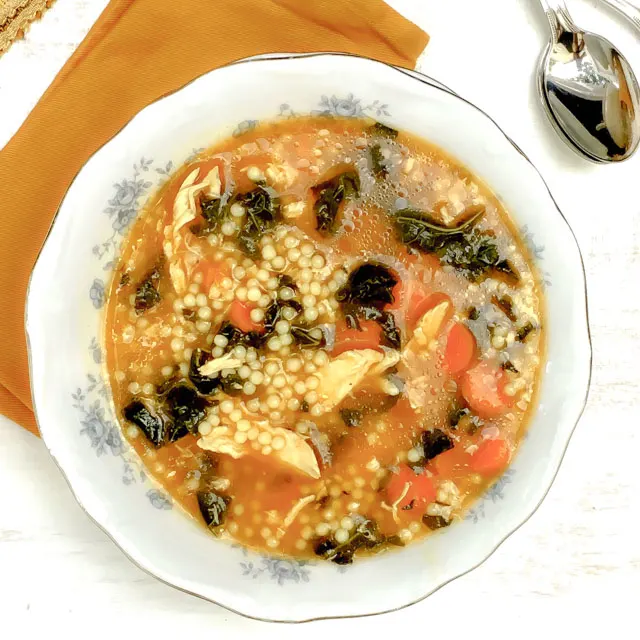 Healthy Italian-American comfort food made easy: chicken soup with pastina and greens.