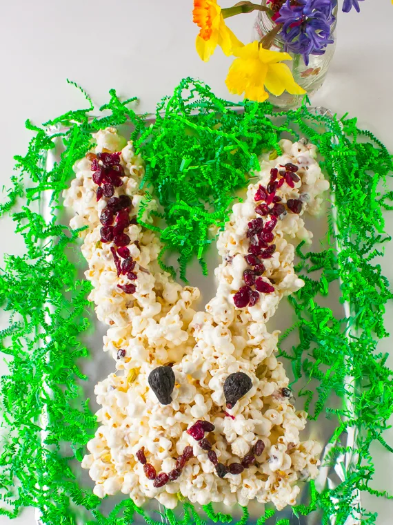 Pistachios + cranberries sweeten this treat. Pile on jelly beans or artificial color-free dried fruit: EASTER BUNNY POPCORN CAKE | @TspCurry = TeaspoonOfSpice.com