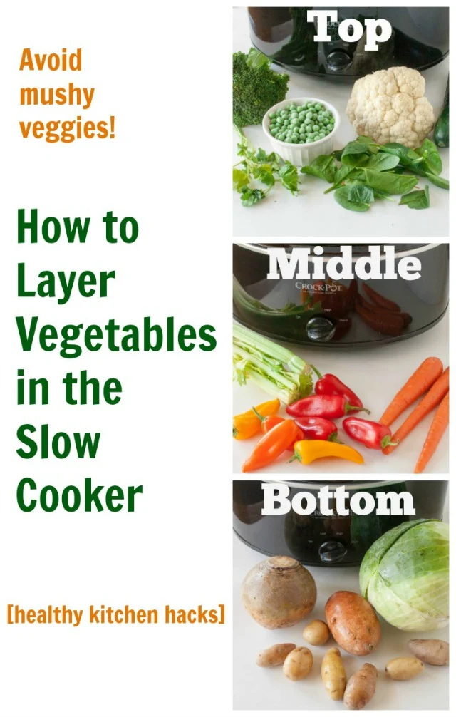 Avoid mushy veggies: HOW TO LAYER VEGETABLES IN THE SLOW COOKER | @TspCurry - For more Healthy Kitchen Hacks: TeaspoonOfSpice.com