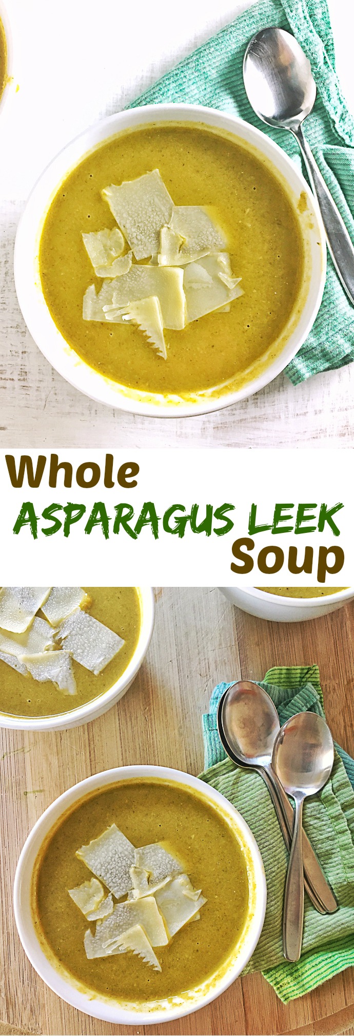 No waste here: use the entire asparagus spear and leek in this Whole Asparagus Leek Soup. Recipe at Teaspoonofspice.com
