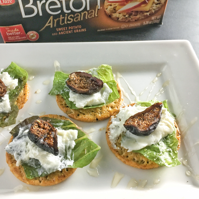 Easy-to-make appetizer: mini fig and goat cheese salads on top of Breton crackers. Recipe at Teaspoonofspice.com