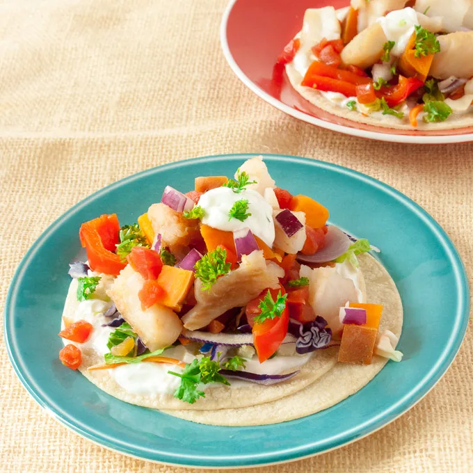 Slow Cooker Fish Tacos with Sweet Potatoes | @TspCurry