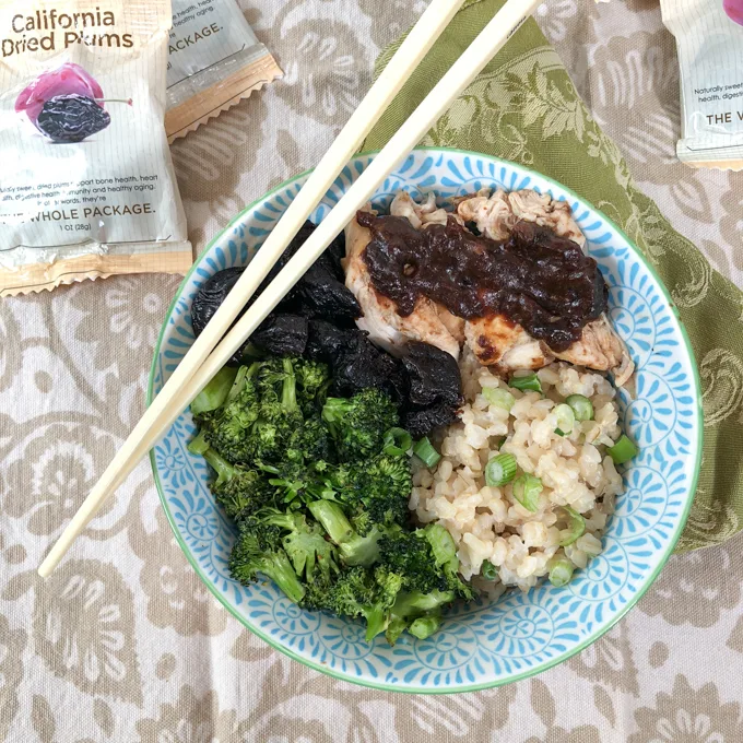 California prunes are the star ingredient in a sweet and savory sauce for this Asian-style chicken, broccoli and rice bowl.