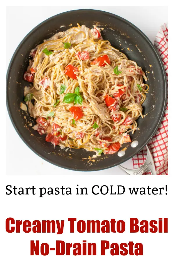 No need to drain a heavy pot of pasta! Noodles cook right in the creamy sauce making a satisfying (healthy!) dish in just minutes: Creamy Tomato Basil No-Drain Pasta is a great One-Pot Dinner. More Healthy Kitchen Hacks at https://www.pinterest.com/tspcurry/