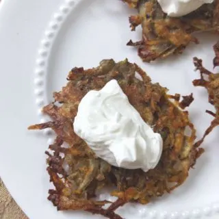Avoid the splatter: oven-fry your latkes this year and try one of these five variations on this classic potato pancake. Recipe and tips at Teaspoonofspice.com #latkes #potatoes #pancakes #Hanukkah