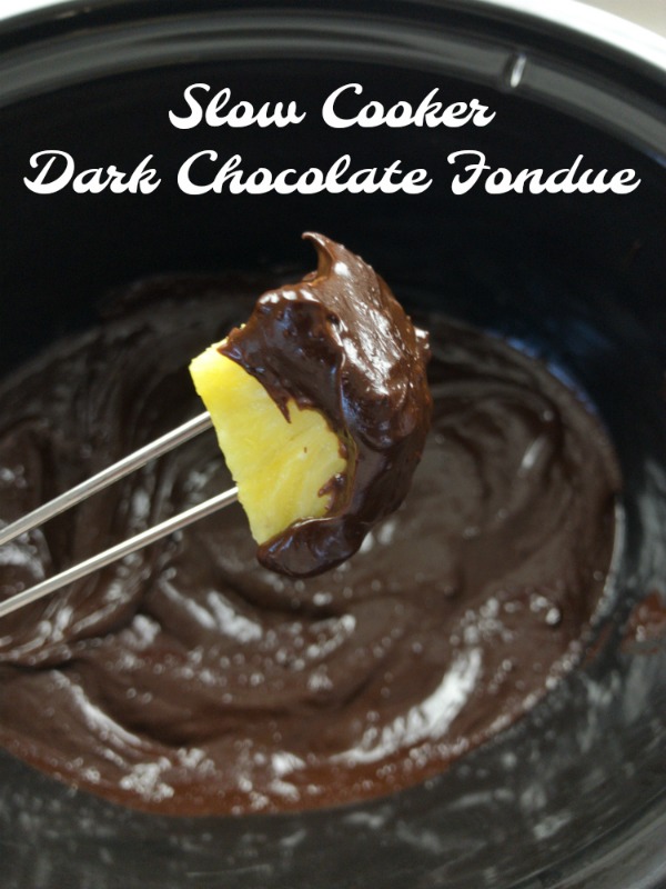 A super simple dessert for a crowd - especially during the holidays - chocolate fondue in your slow cooker! Check out this #healthykitchenhack at Teaspoonofspice.com #fondue #chocolate #darkchocolate #easydessert #dessertrecipe #holidaydessert