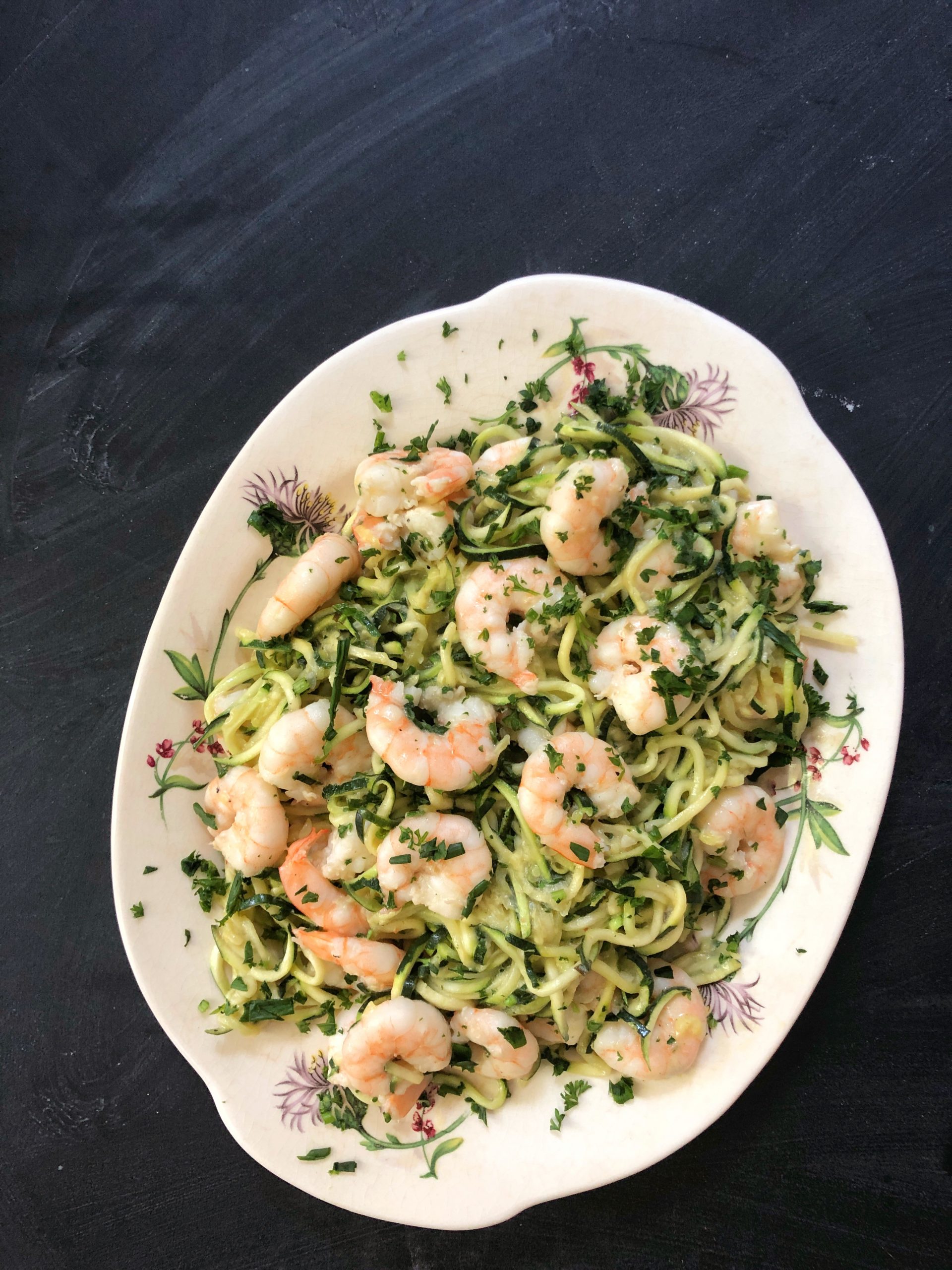 Shrimp Zucchini Noodles with Caramelized Onion and Sesame Seed Dressing