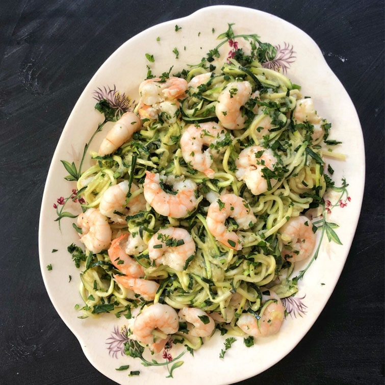 Shrimp Zucchini Noodles with Caramelized Onion and Sesame Seed Dressing