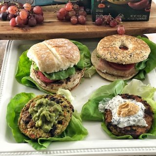 ALDI Chicken patties and Earth Grown vegan burgers with condiments
