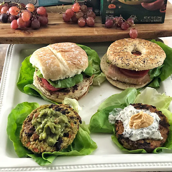 ALDI Chicken patties and Earth Grown vegan burgers with condiments