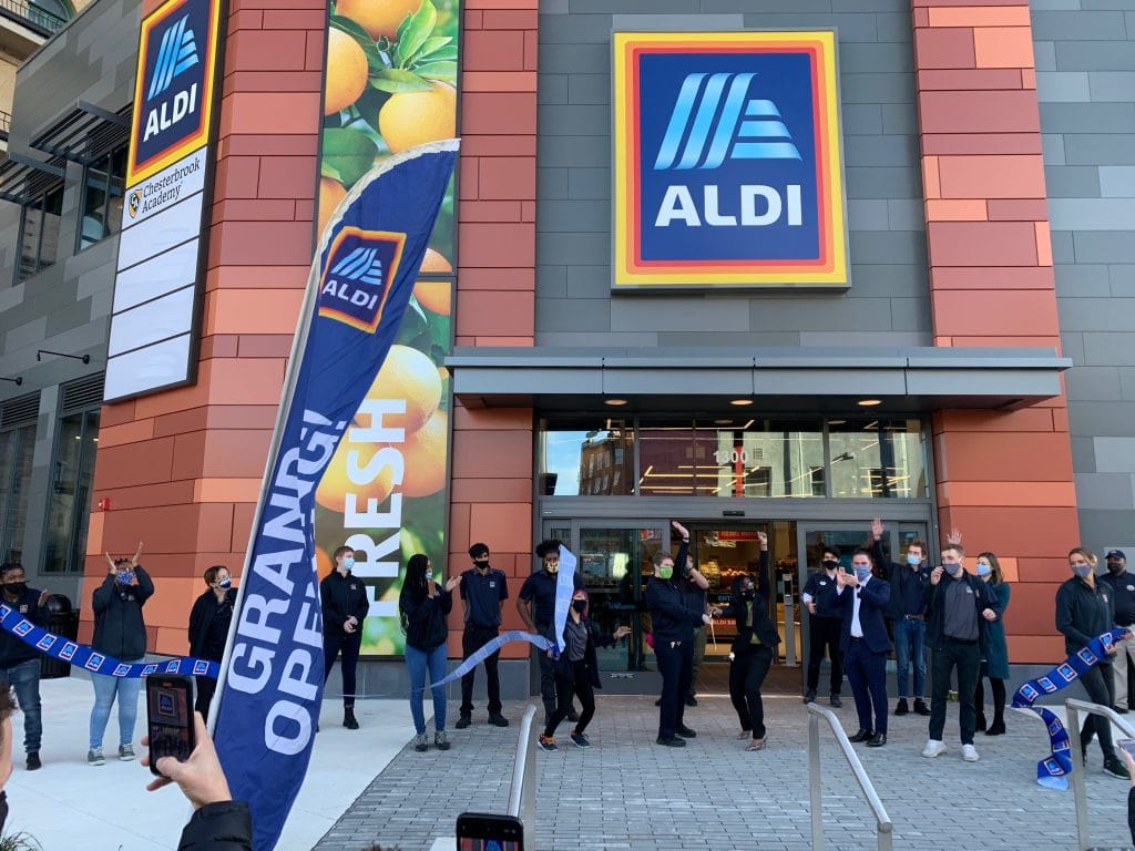ribbon cutting ceremony in front of flagship Philadelphia ALDI store